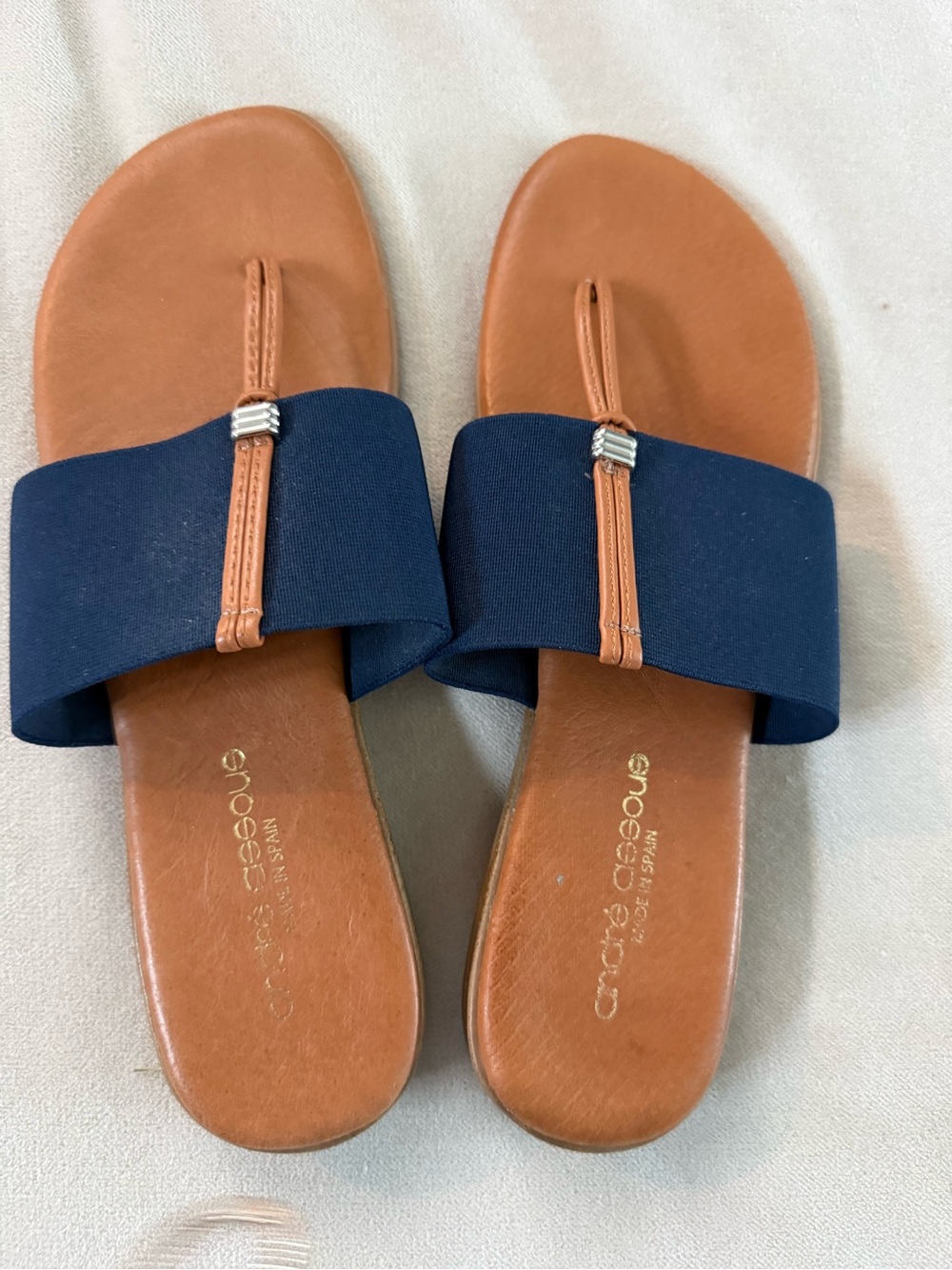 Andre Assous Gorgeous Navy and Tan Slide Sandals